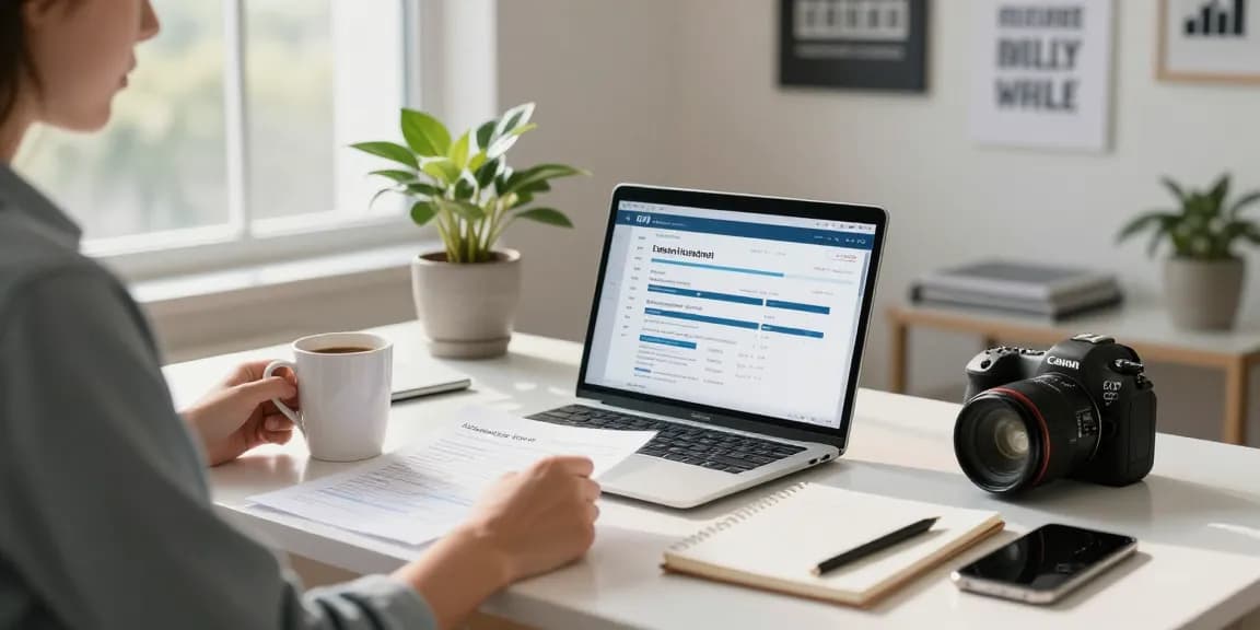 Apply for a $3000 loan at RadCred from a cozy home office scene with laptop and documents.