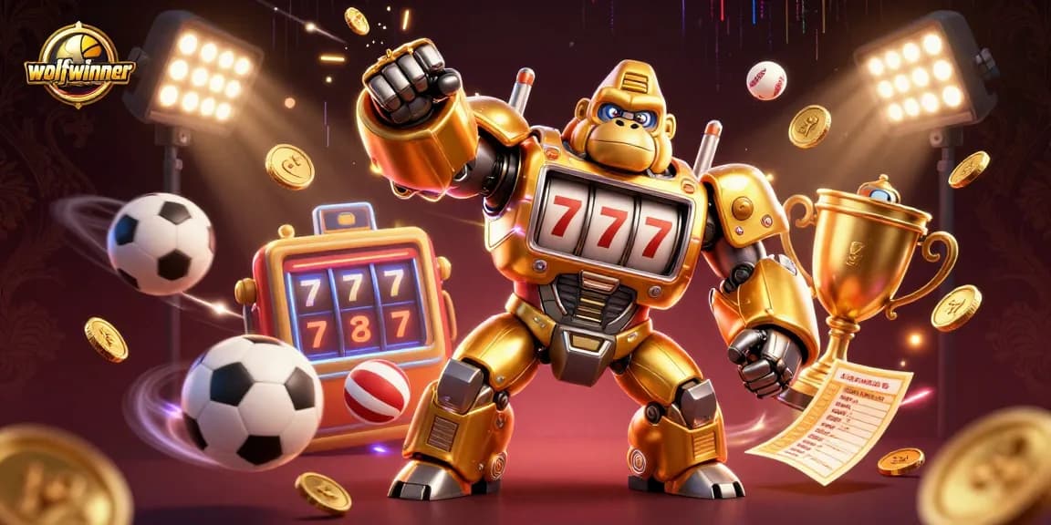 Win exciting jackpots with wolfwinner's vibrant casino scene featuring a golden gorilla mech.