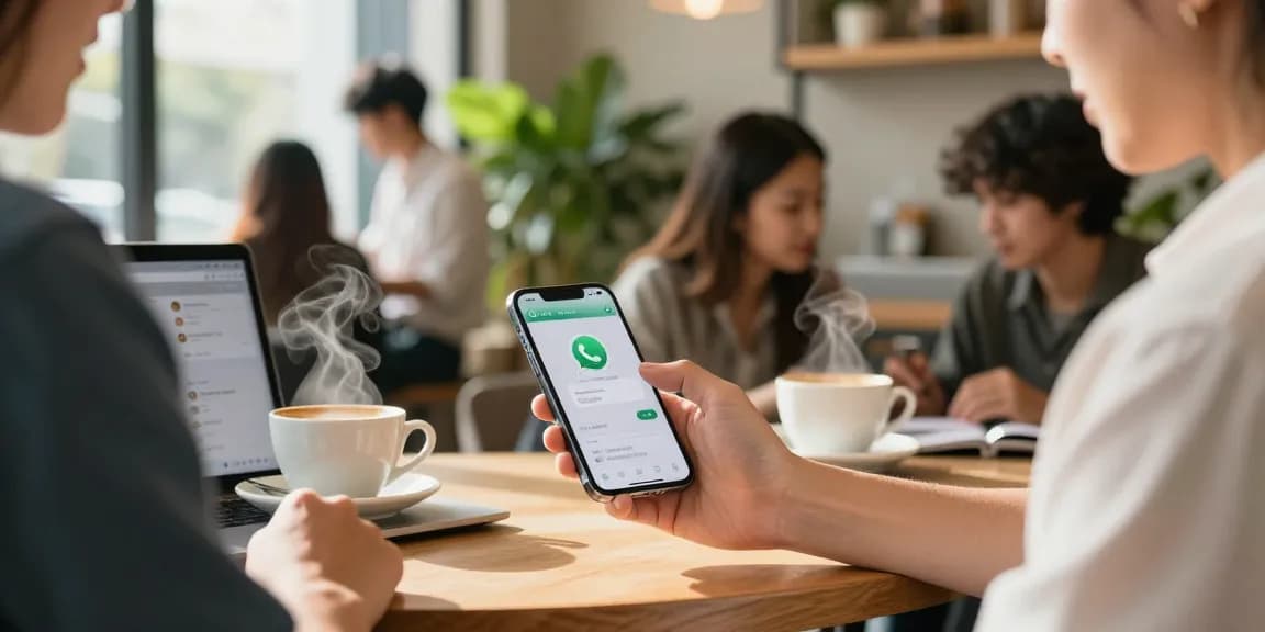 Interactive smartphone user engaging with WhatsApp下載 in a lively café setting.
