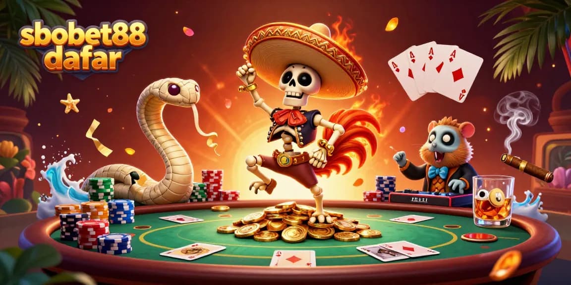 Engage with sbobet88 daftar in a vibrant casino scene featuring lively cartoon characters and poker elements.
