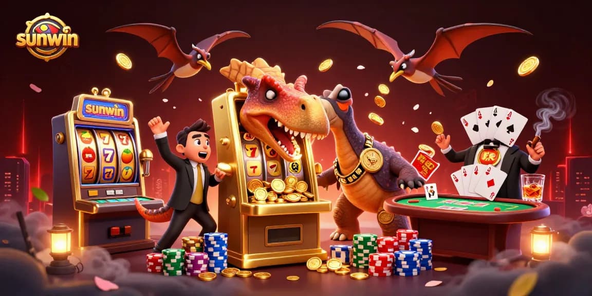Catch golden coins at sunwin as a pachycephalosaurus plays a golden slot machine.