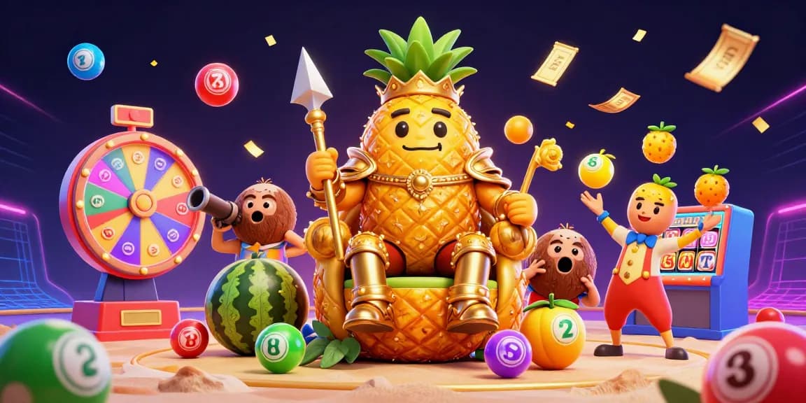 Singa77 presents an engaging scene of a pineapple king amidst vibrant lottery elements in a casino.