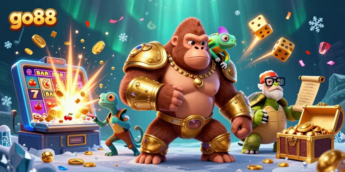 Experience go88's thrilling jackpot with a gorilla king and chameleon in a vibrant casino scene.