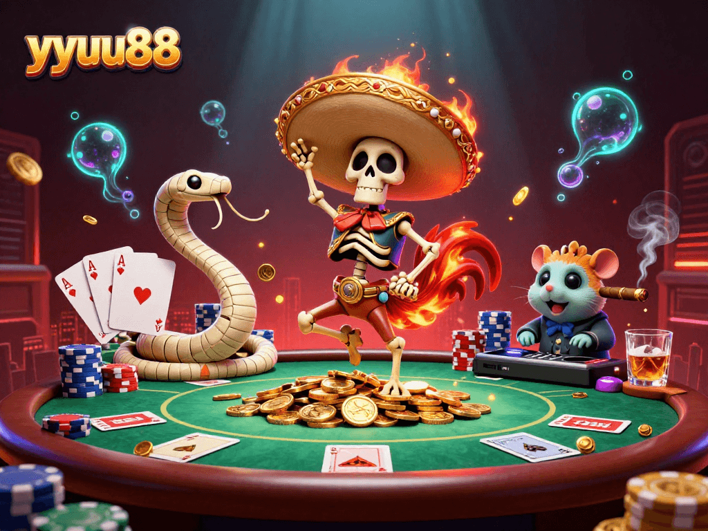 Play thrilling games at yyuu88 with a mariachi rooster, poker table, and vibrant casino atmosphere