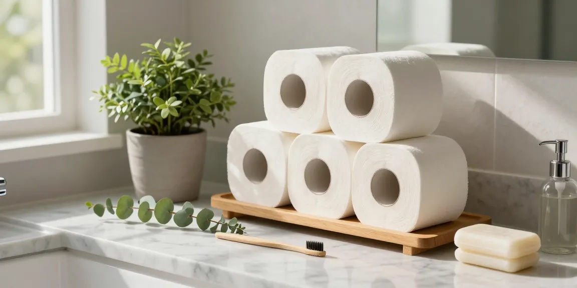 Bamboo Toilet Tissue displayed in a serene eco-friendly bathroom setting with soft lighting and natural décor.