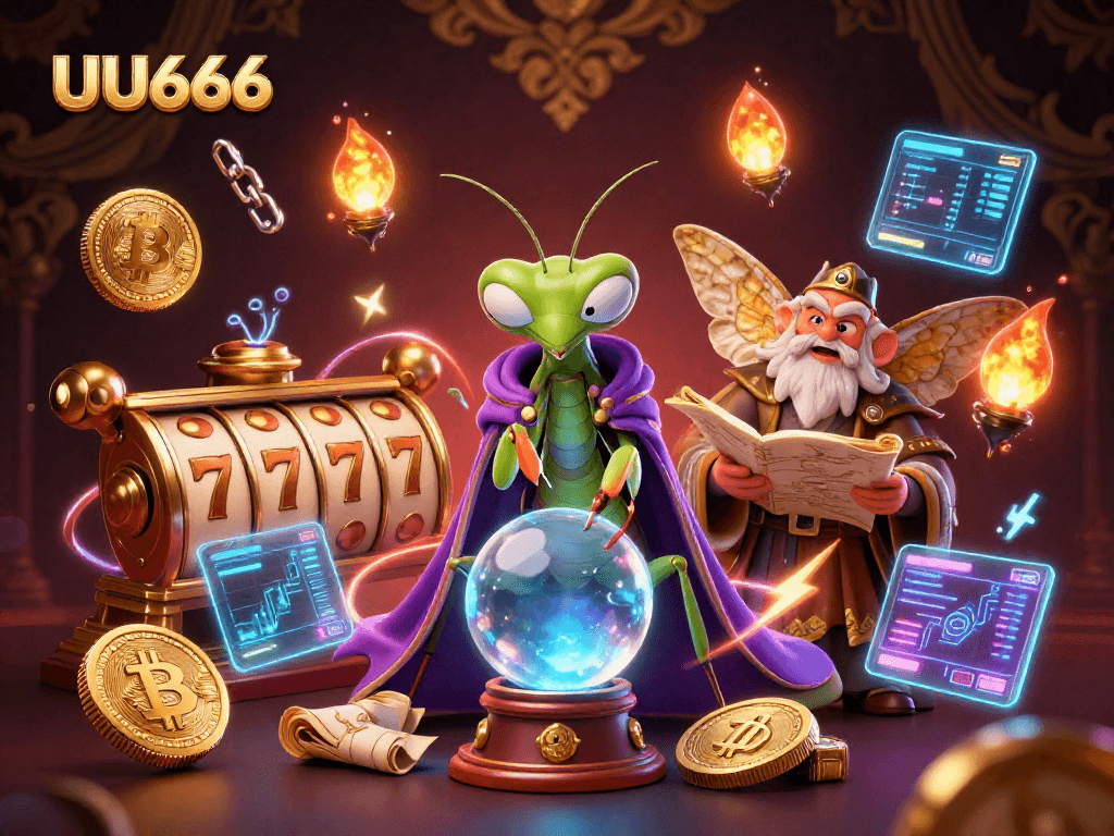 Experience the excitement of slot gaming at UU666 with unique 3D characters amidst vibrant casino elements.