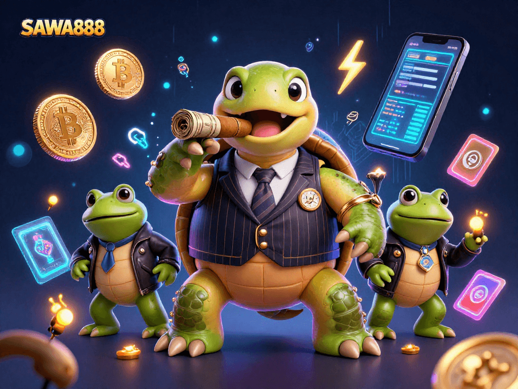 Experience thrilling action at SAWA888 with a dynamic scene featuring a charming turtle and bullfrog enforcers in a casino.
