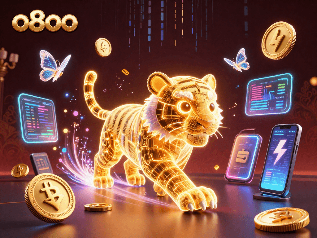 Engage with exciting action in the o8oo digital casino realm, featuring neon-wireframe tiger and cryptocurrency elements.