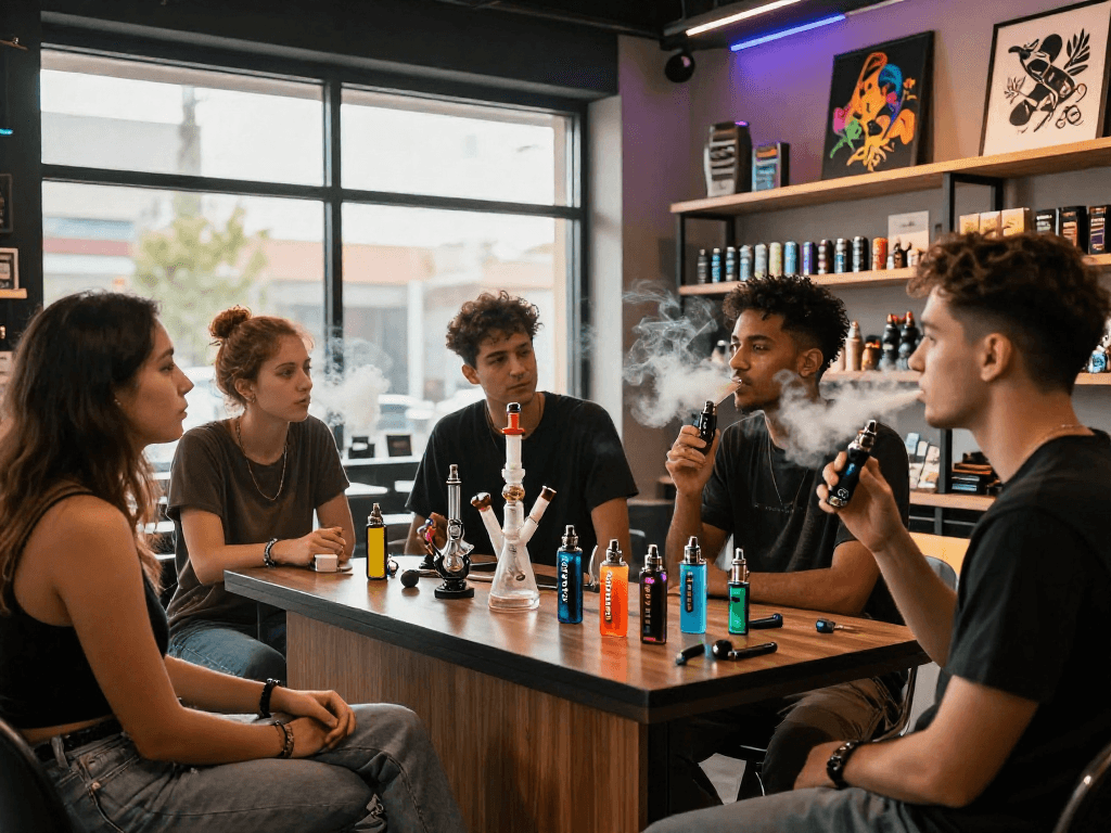 Group discussing rokok88 products in stylish smoke shop atmosphere.