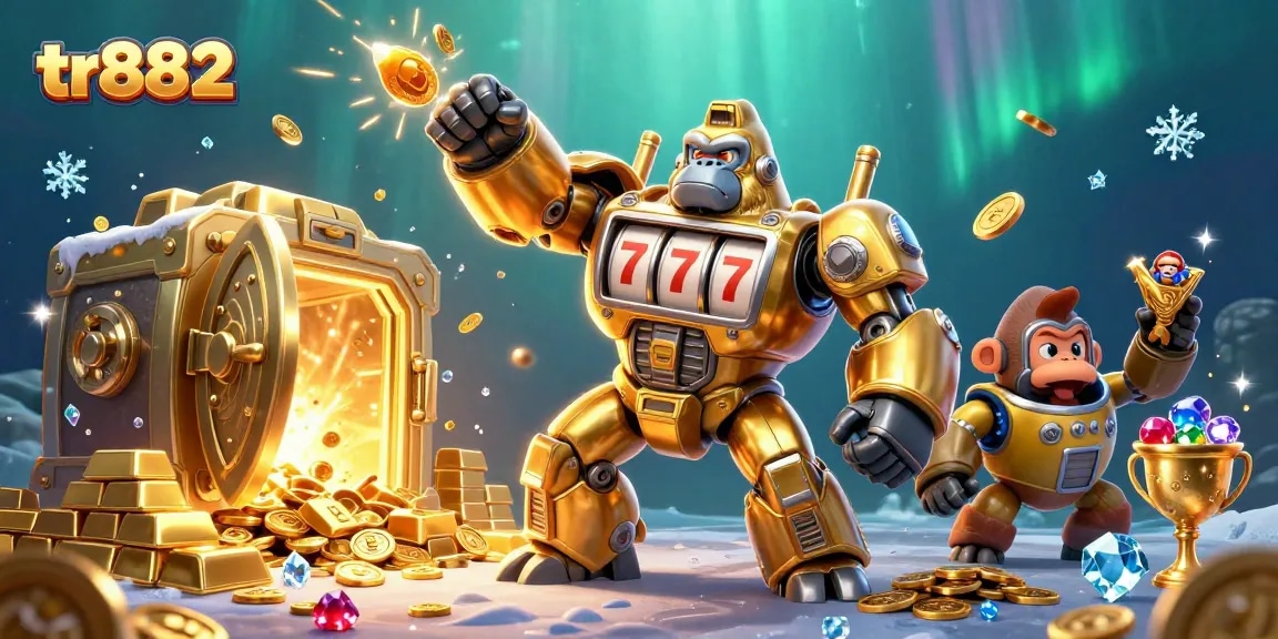 Experience the excitement of tr882 with our 3D golden gorilla mech in vibrant casino action!