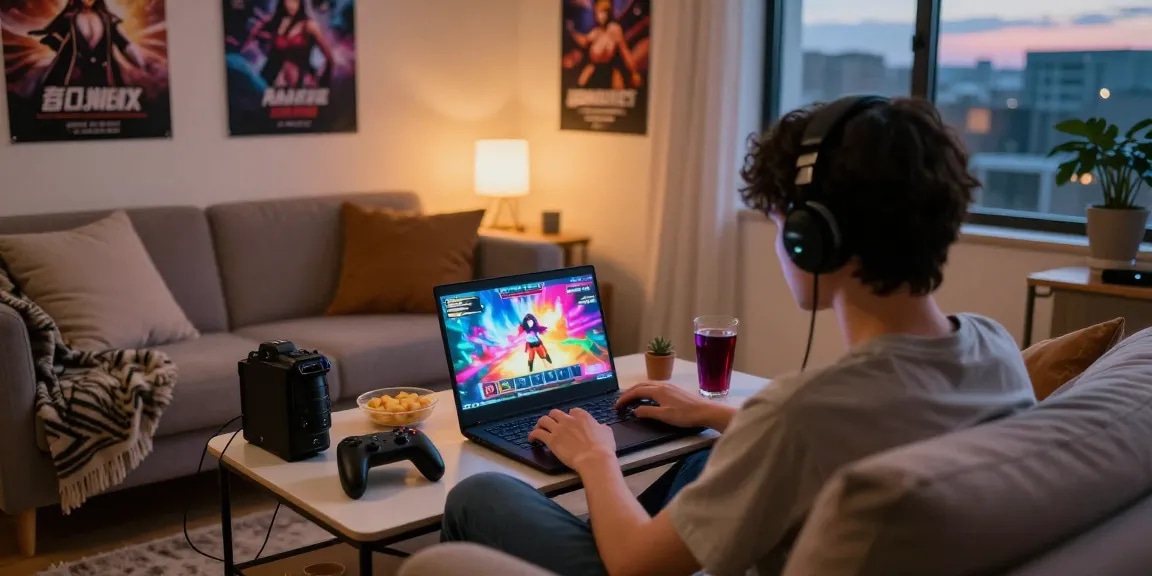 Immerse in hentai games while enjoying a cozy gaming setup with snacks and vibrant visuals.