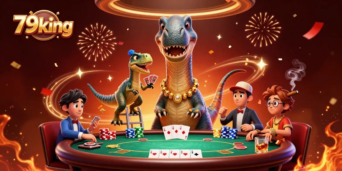 79king showcases a lively poker scene with a brontosaurus and raptor dealer expertly managing cards.