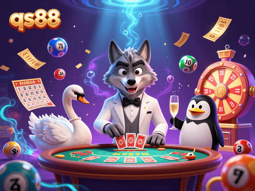 Experience thrilling gaming with qs88 as the debonair wolf plays baccarat with friends.