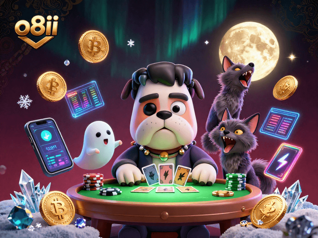 Join the exciting action at o8ii's casino with unique characters dealing cards and crypto elements.