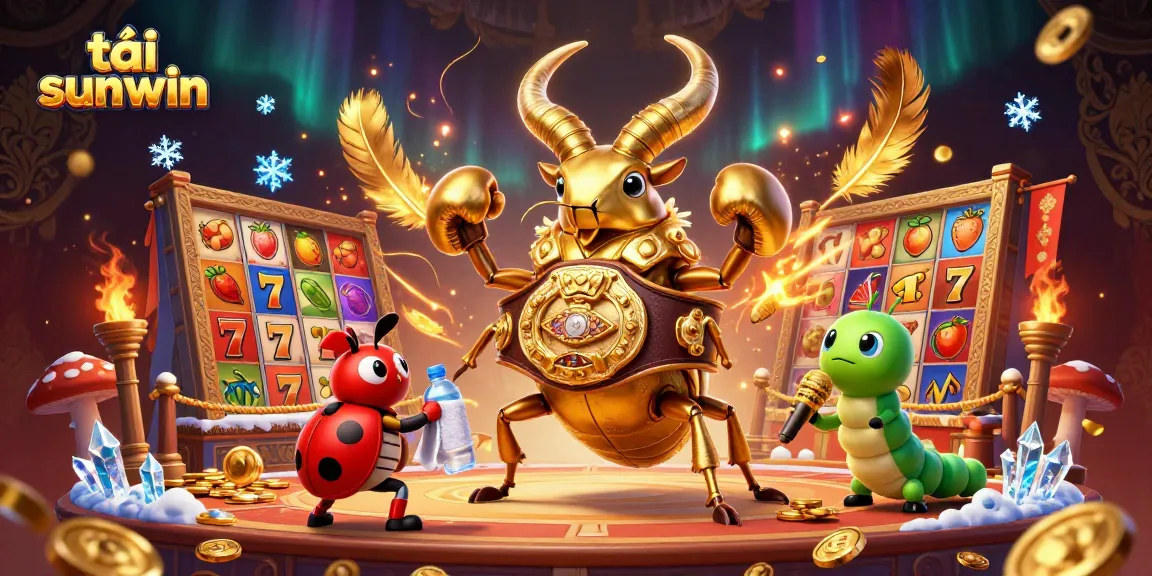 Engaging illustration of tải sunwin with a golden stag beetle in boxing gear showcasing casino gaming elements.