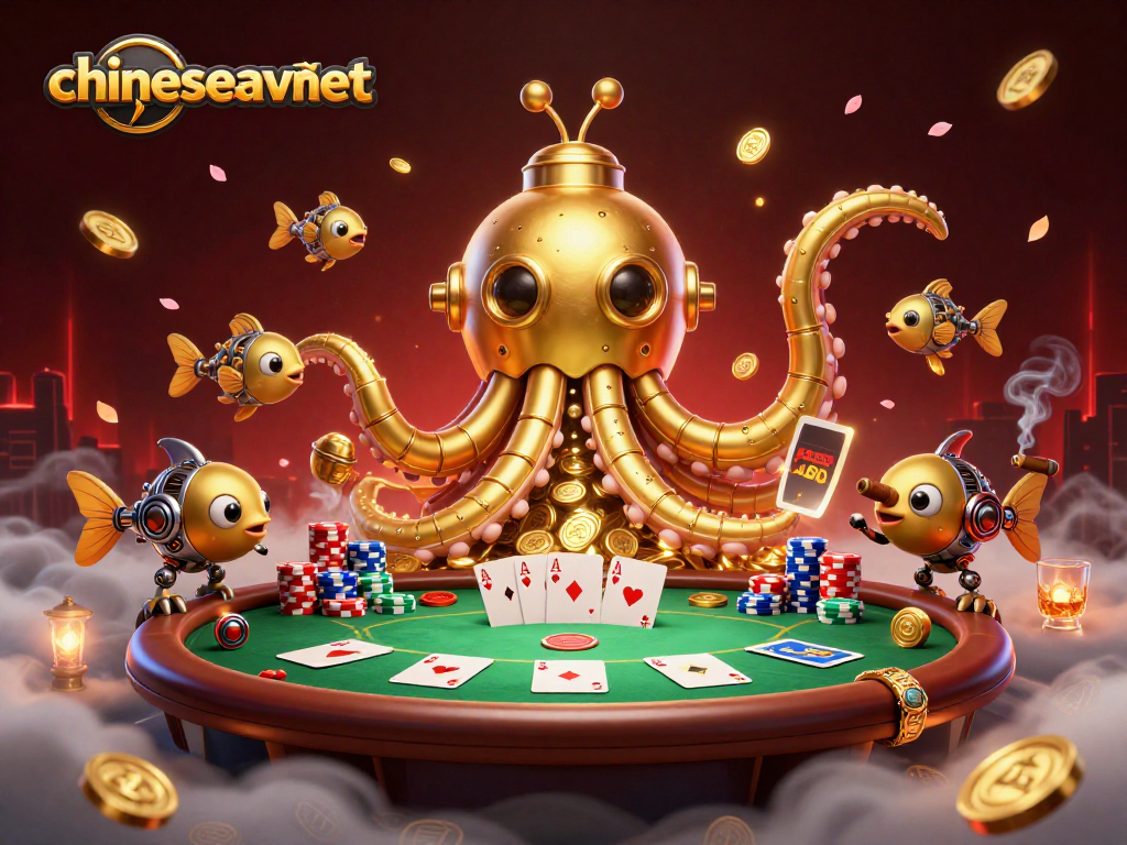 Engage with chineseavnet as a golden kraken submarine surfaces through coins, highlighting an enchanting gambling scene.