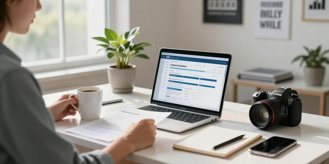Apply for a $3000 loan at RadCred from a cozy home office scene with laptop and documents.