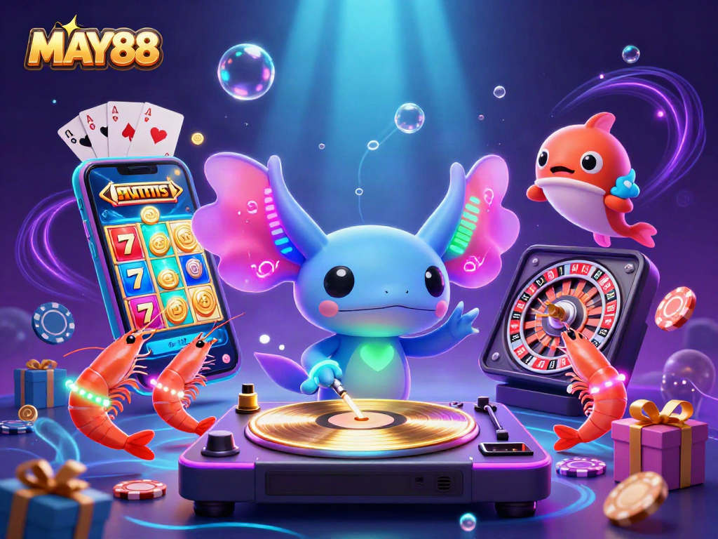 MAY88 Axolotl DJ spinning slots and jackpots with vibrant aquatic elements in a rich casino scene.