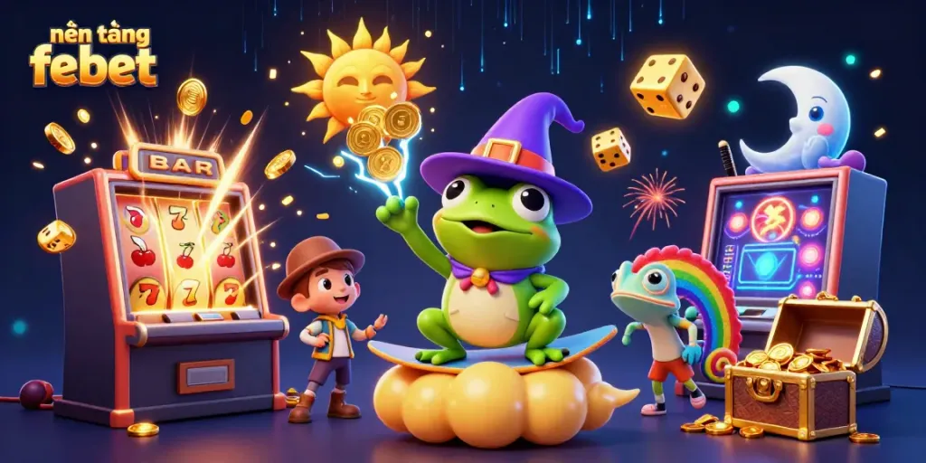 Experience the vibrant world of nền tảng febet with a wizard frog and chameleon celebrating a jackpot.