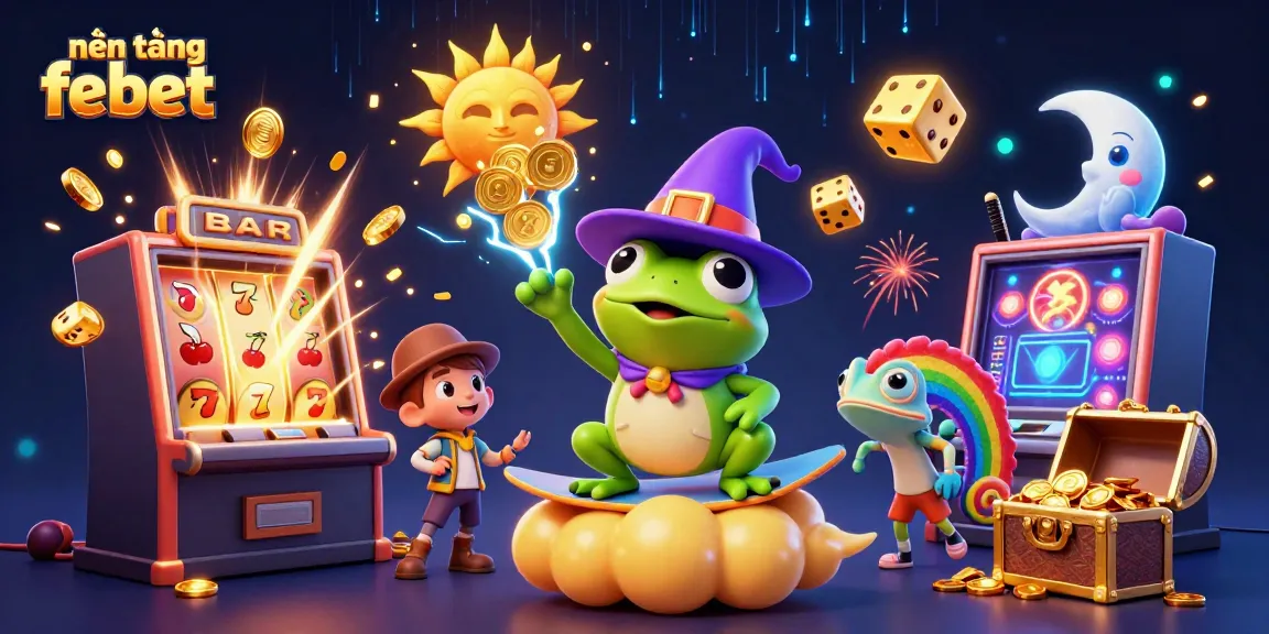 Experience the vibrant world of nền tảng febet with a wizard frog and chameleon celebrating a jackpot.