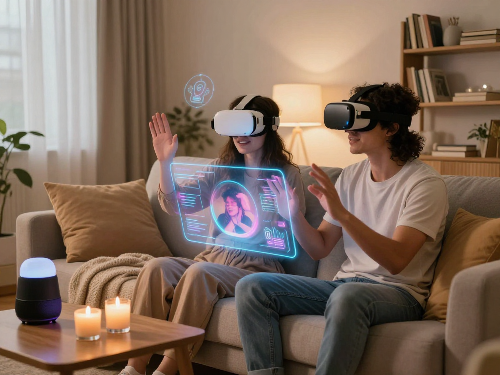 Couple engaging with sex AI technology in a cozy setting