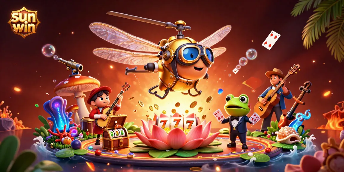Experience thrilling gameplay at sunwin with a dynamic scene of a dragonfly pilot, frog croupier, and jazz musicians.