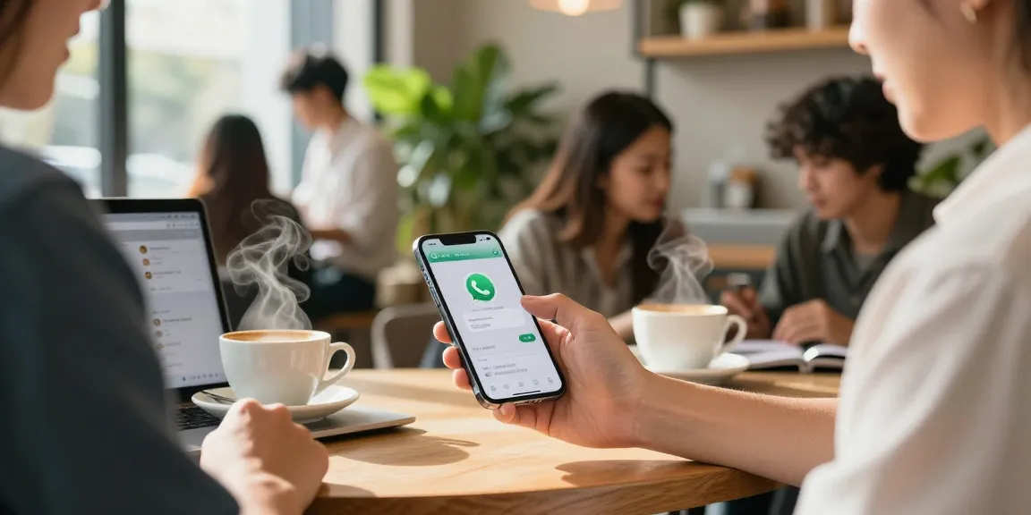 Interactive smartphone user engaging with WhatsApp下載 in a lively café setting.