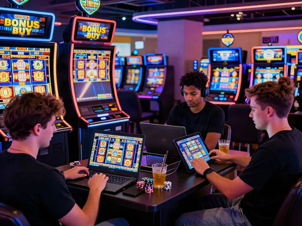 Engaged players enjoying Bonus Buy slots at a modern casino, showcasing excitement at https://stargazyinn.co.uk with vivid game graphics and neon lights.