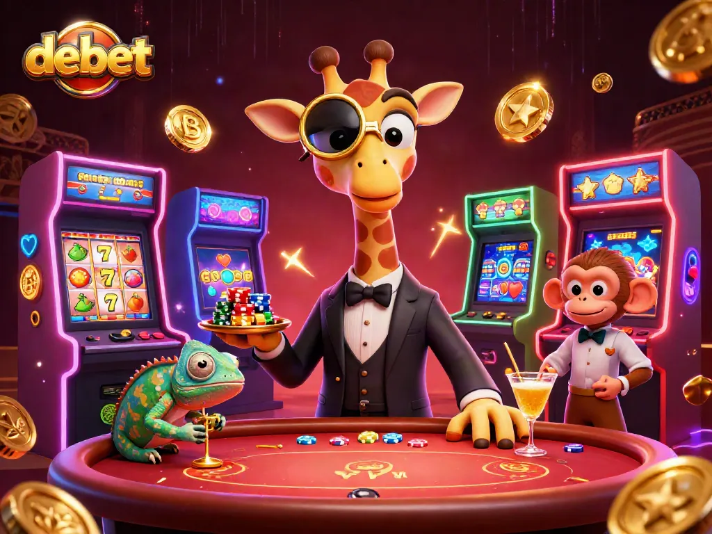Gamble with debet as a high-roller giraffe enjoys the VIP poker scene filled with vibrant casino elements.