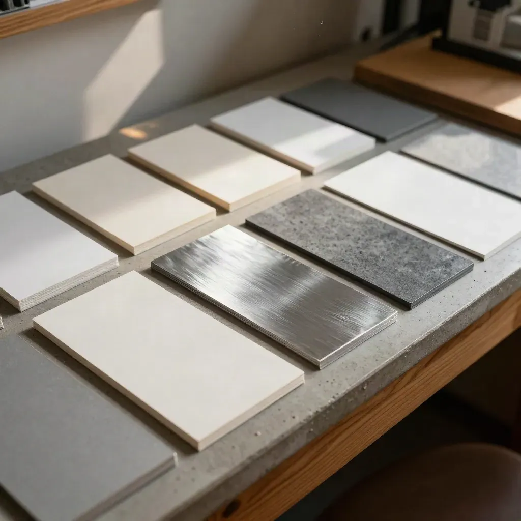 Audit samples in neat rows on a studio bench, silver foil and paper swatches in late-afternoon light
