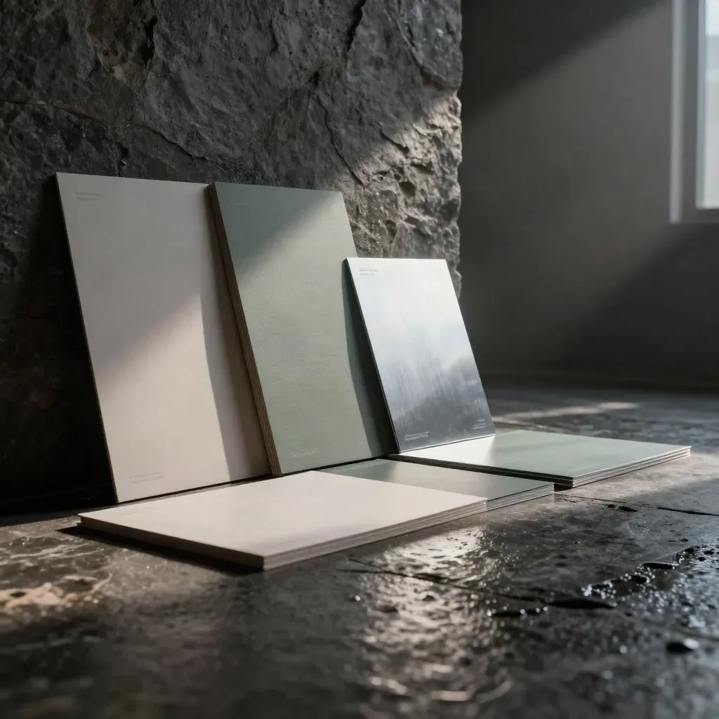 Cinematic studio floor with rebrand boards, swatches, plaques and launch kits in dawn rain light