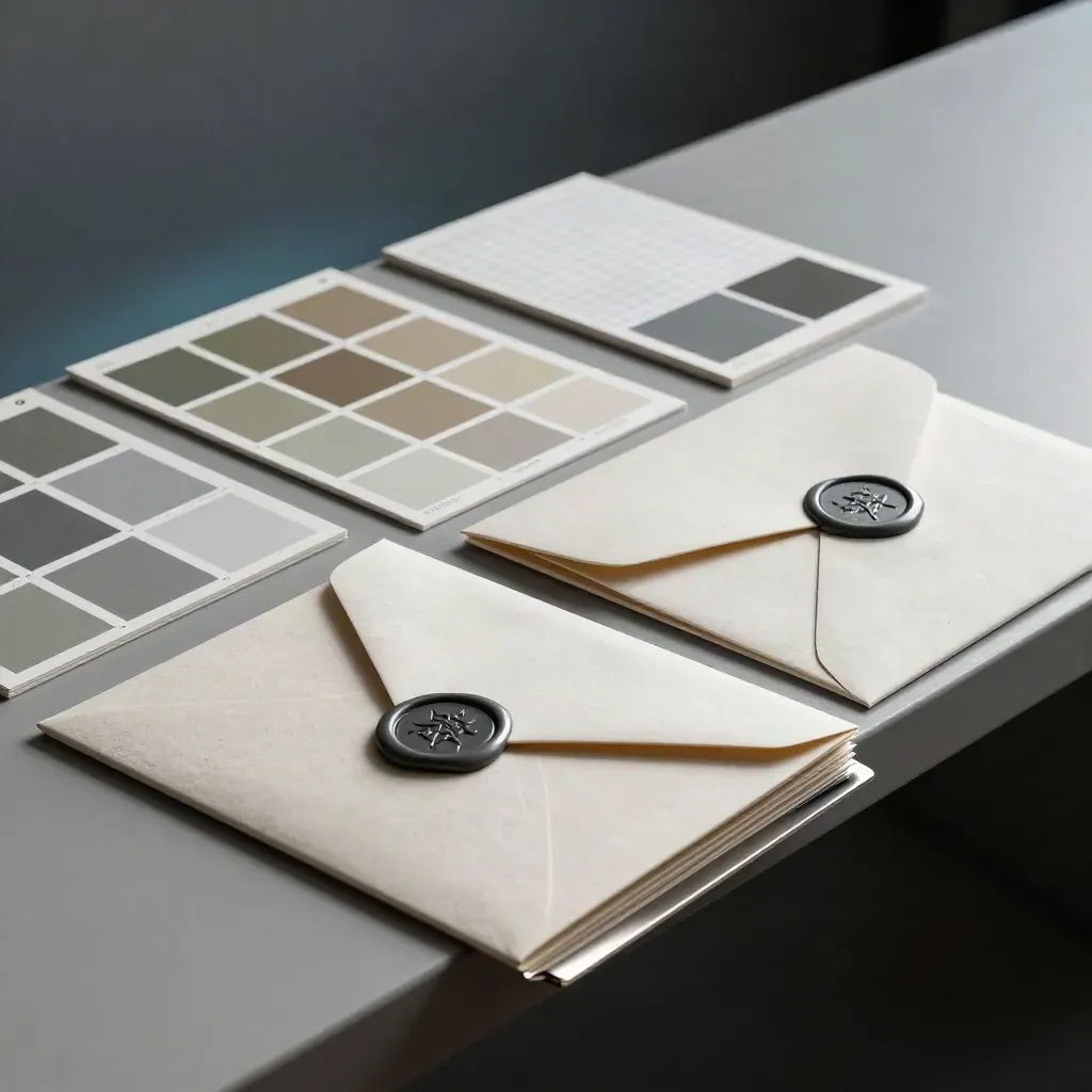 Modular visual identity toolkit on matte stone with swatches, grid cards, sleeves and seal labels.