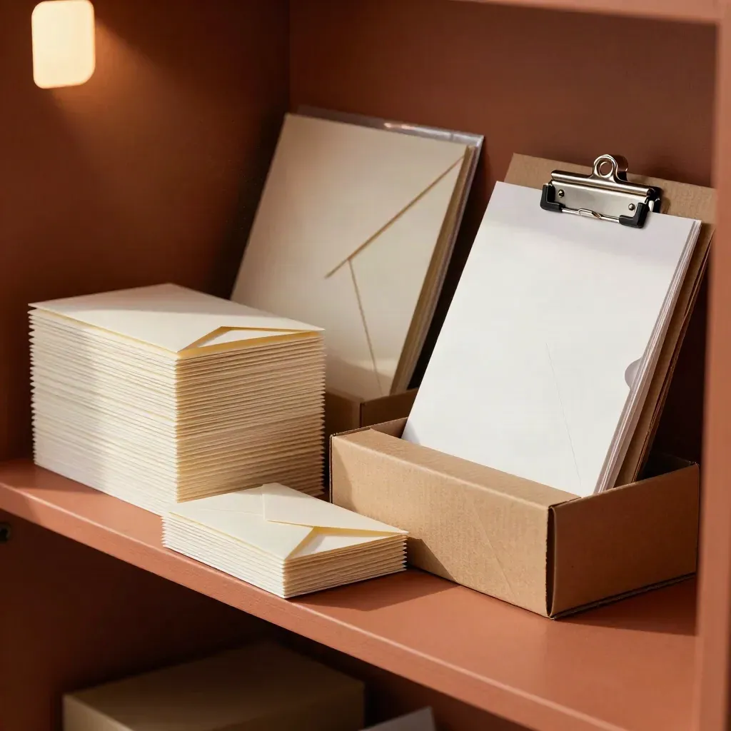 Sealed rollout pack of folders, cartons and sleeves on a terracotta packing bench, lit by late sun.