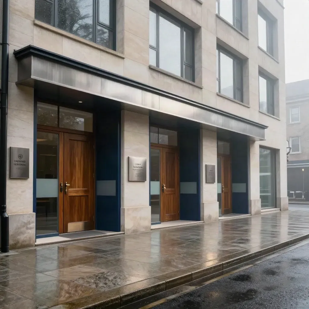 Three legal office entrances with brushed metal plaques, frosted glass and dark oak doors after rain.