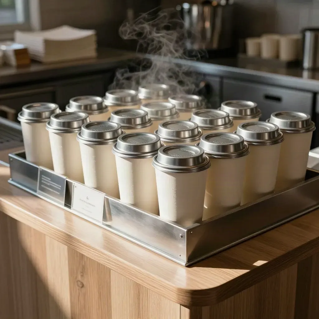 Refreshed café counter with cream cups, folded napkins, turned menu rails and blank shelf labels in steam.