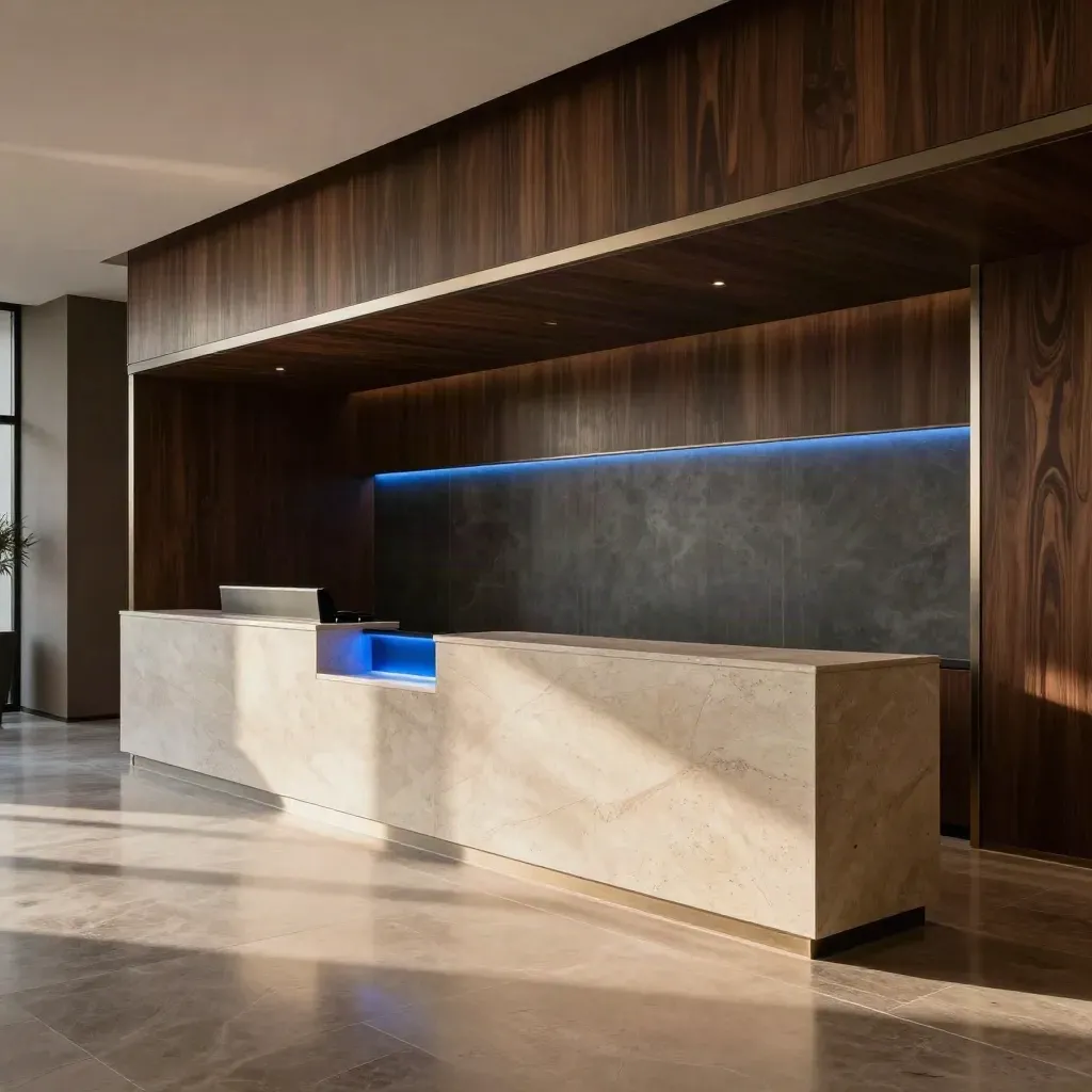 Premium finance lobby with travertine plinths, dark timber lines and a subtle blue glow