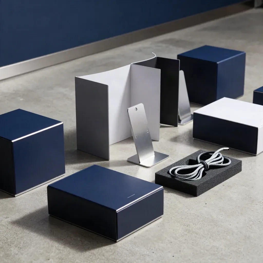 Navy tech launch boxes, booth panels and device stands on a concrete floor, ready for demo day.