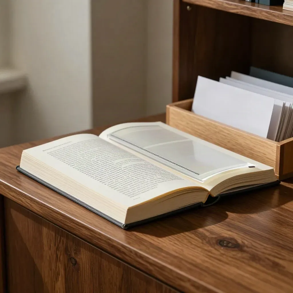 Closed naming reference book with tabbed cards and a wooden sort tray on a walnut bench