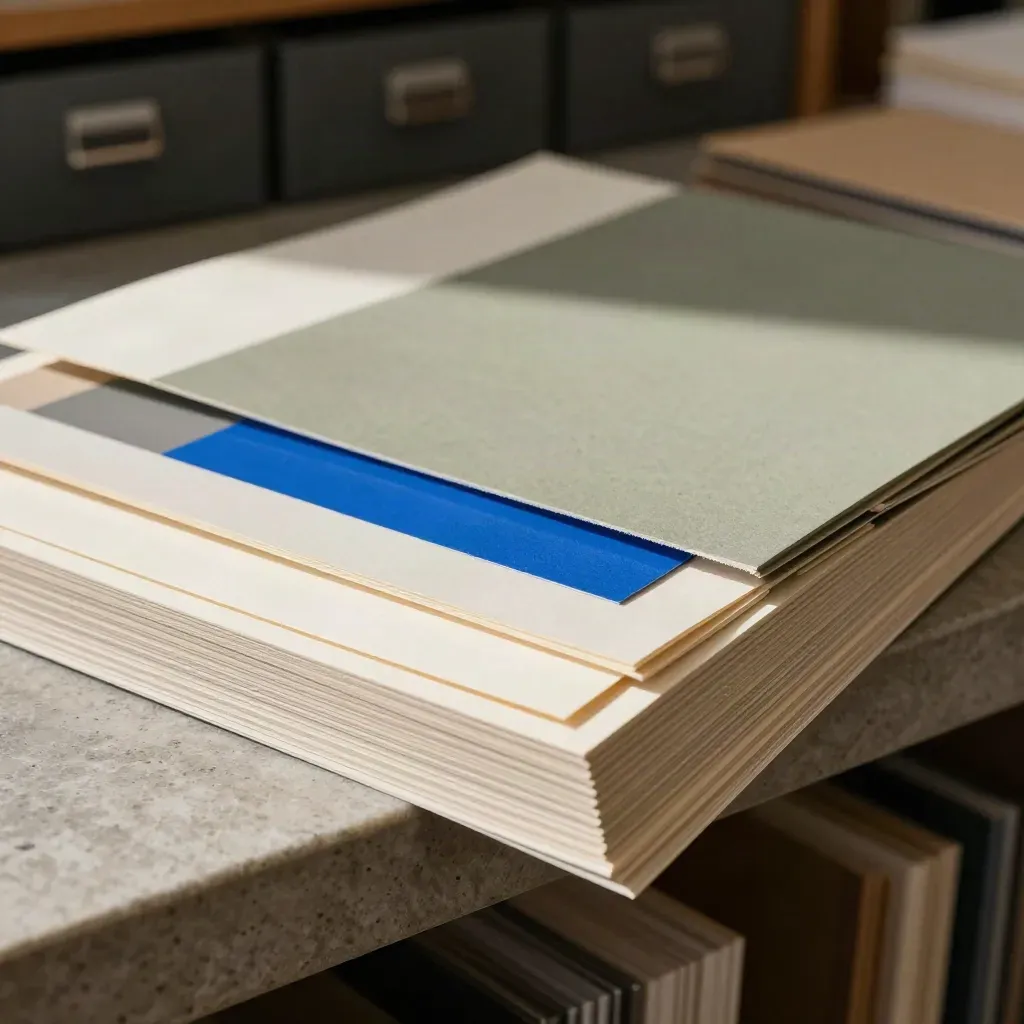 Macro of paper stocks, colour chips and an edge-painted sample board in a design studio.