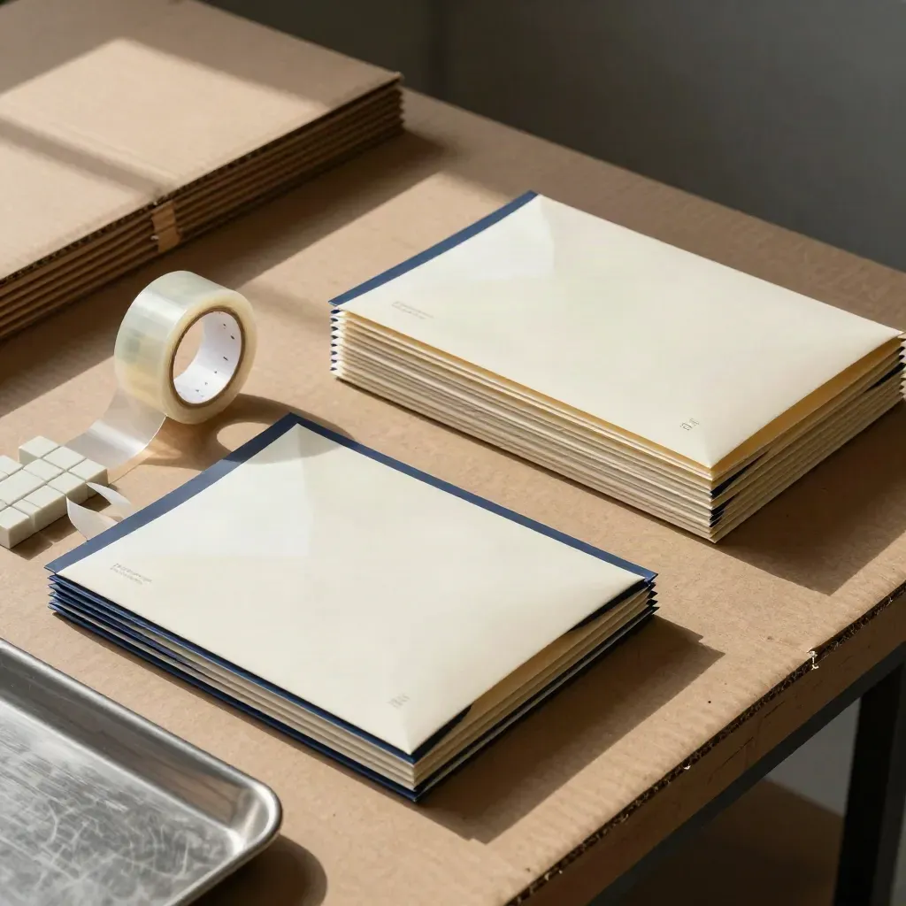 Parcel sleeves, envelope stacks, tape, and timing blocks on a packing bench in diagonal order.