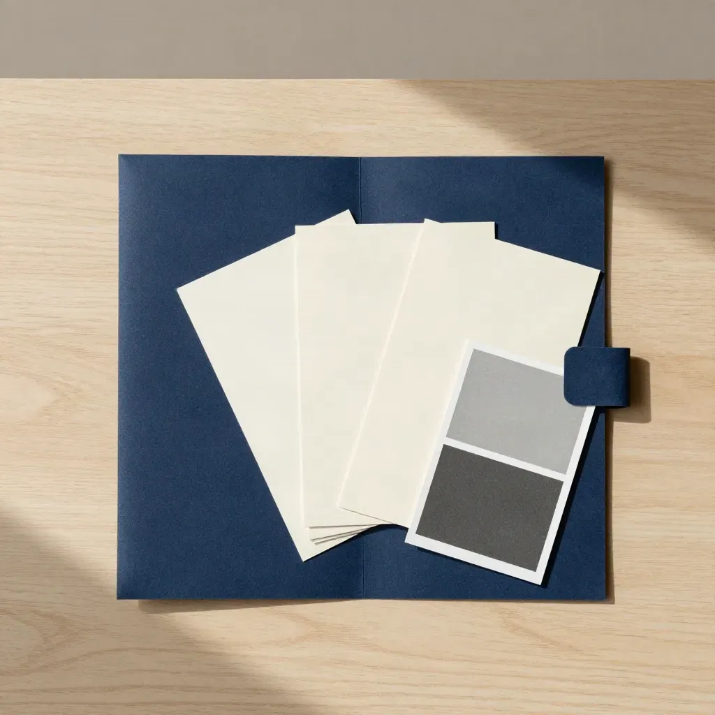 Overhead audit flatlay with folded folder, blank cards, and a swatch fan on pale oak.