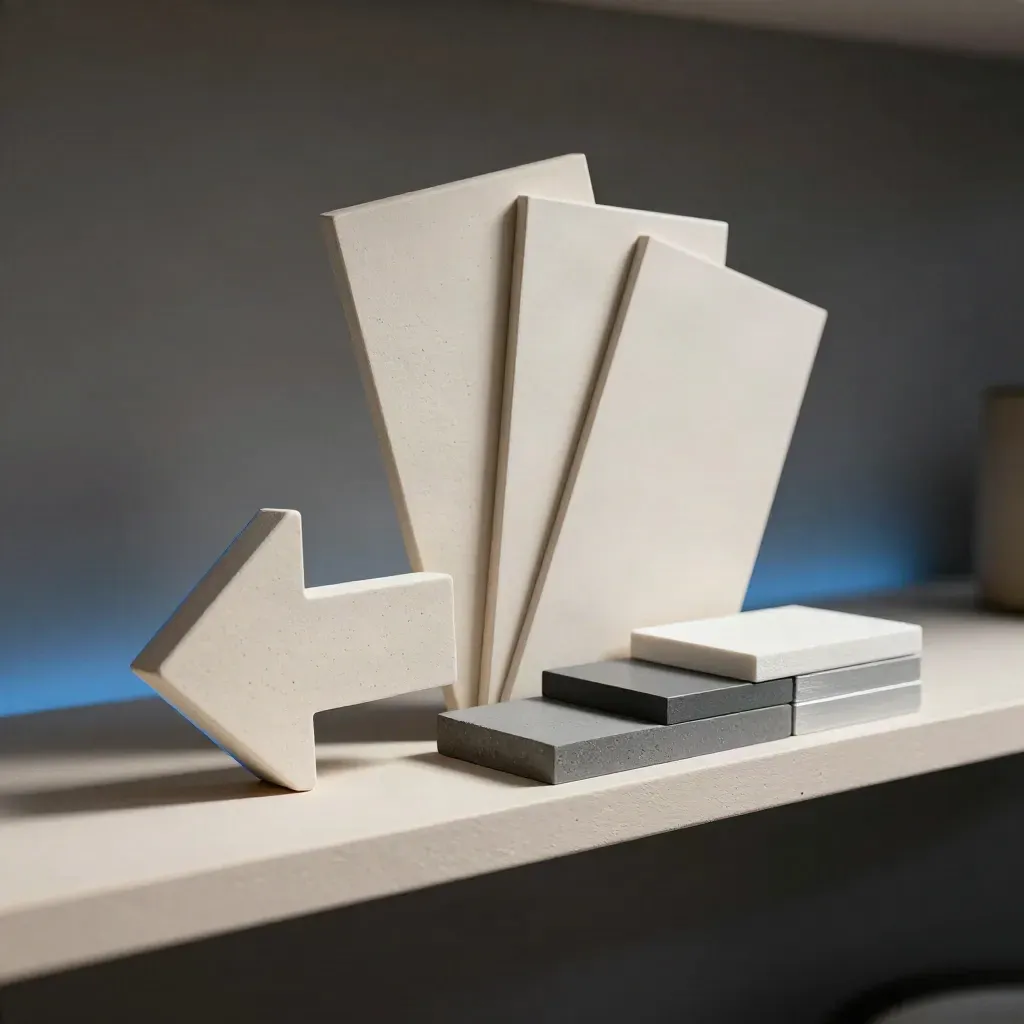 Arrow paperweight, tone chips and pale boards on a plaster shelf with blue accent