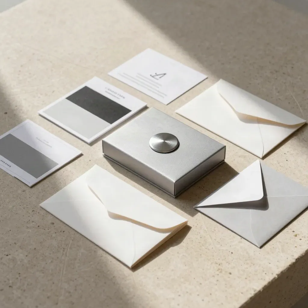 Overhead brand kit still-life with folded cards, swatches, sleeves and a silver seal box on stone.