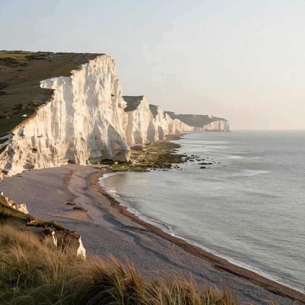 Golden hour chalk cliffs above a calm grey-blue sea near Brighton, with haze and open copy space.