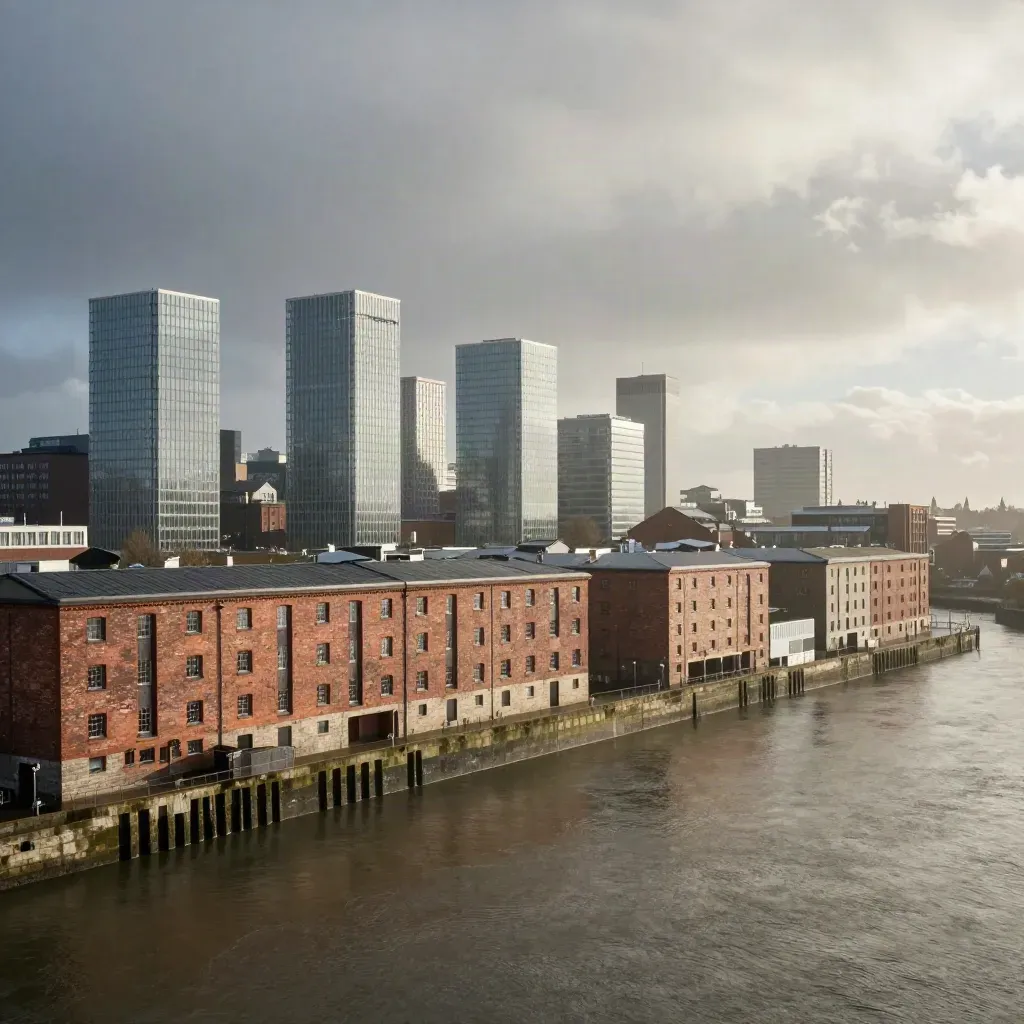 Misty North West docks with red brick warehouses, glass towers and a river bend under clearing clouds.