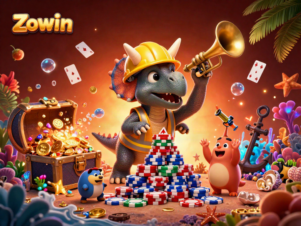 Engage in exciting gambling action with Zowin's colorful casino-themed 3D illustration.