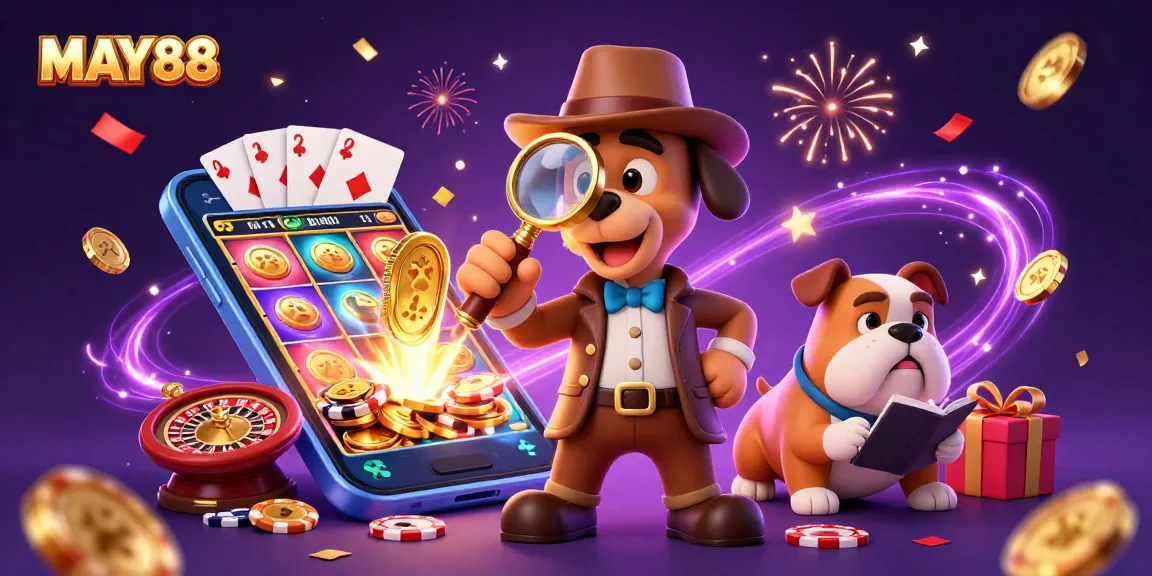 MAY88 celebrates with a detective investigating clues and vibrant casino games.