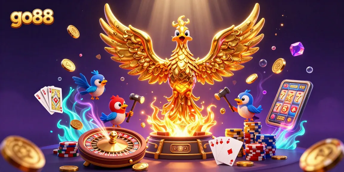Spin the roulette and win big at go88 with a gleaming golden phoenix and colorful casino elements.