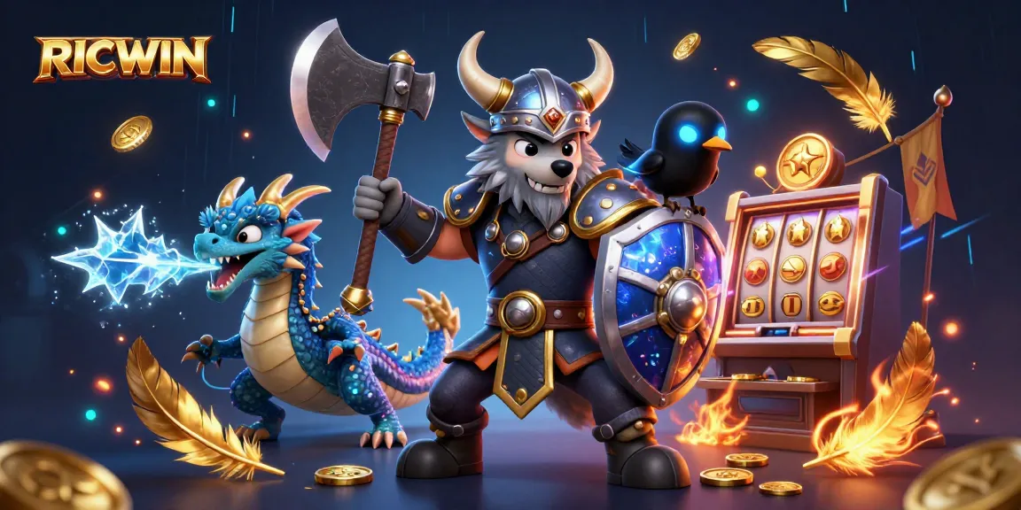 Experience the excitement of RICWIN with a dynamic scene of a Viking warrior, dragon, and slot machines.