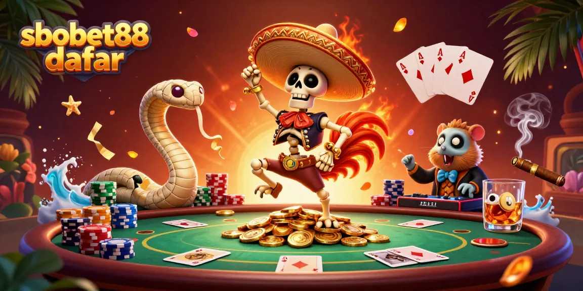 Engage with sbobet88 daftar in a vibrant casino scene featuring lively cartoon characters and poker elements.